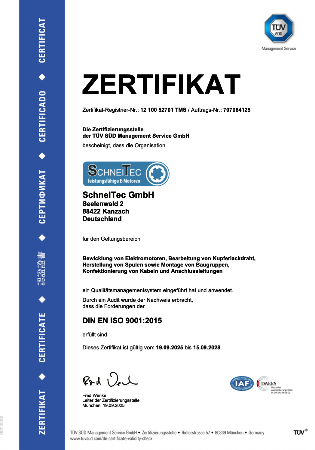 Zertifikat SchneiTec ISO 9001-2015 2025 - 2028